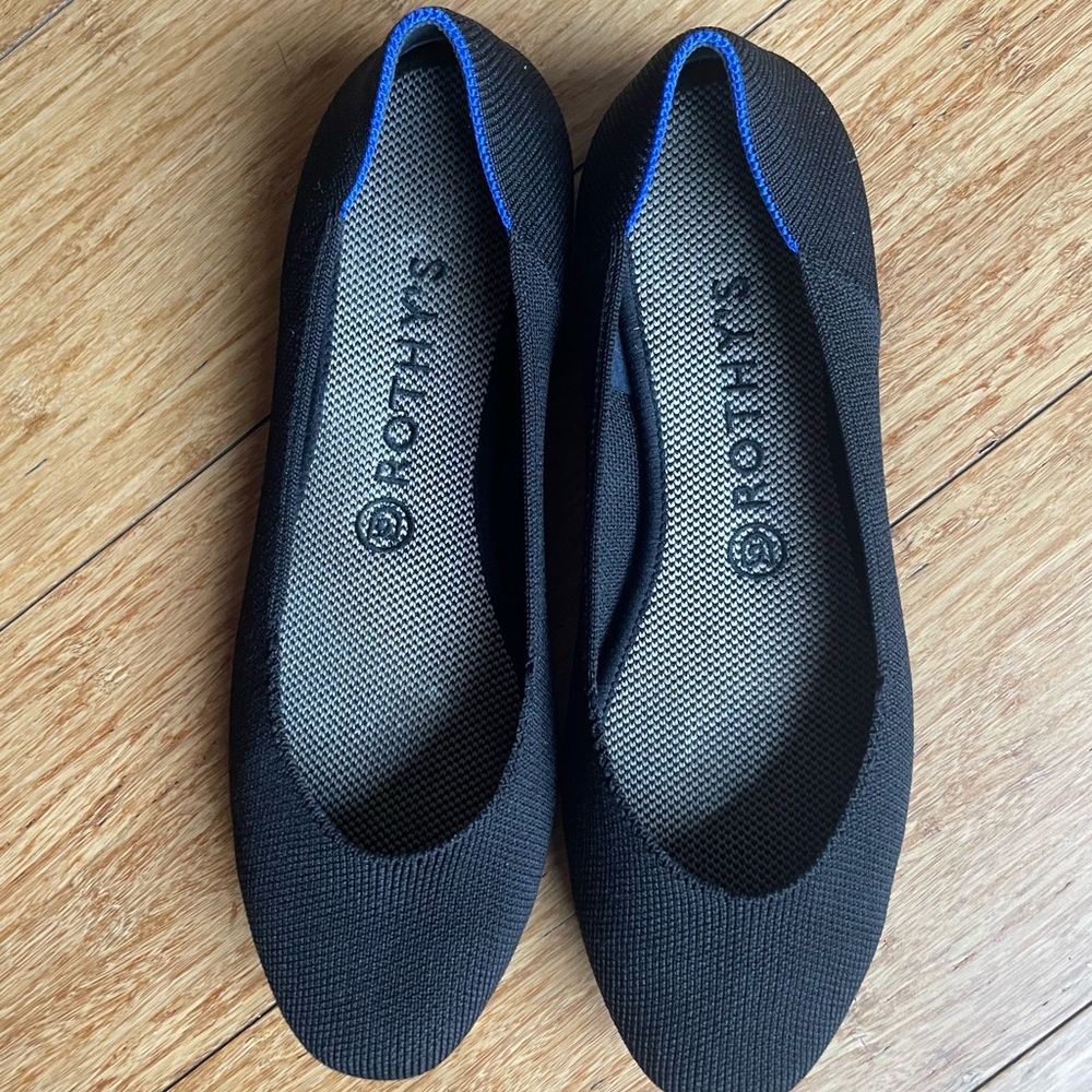 Rothy's square toe black Flats with Blue Trim